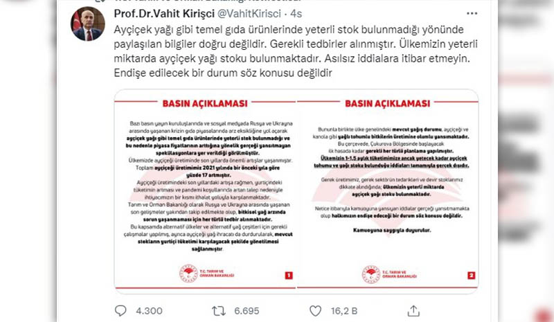 Bakan Kirişci`den `ayçiçek yağı` açıklaması