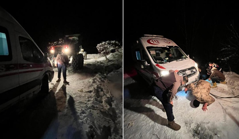 Kar ve tipi ambulansı yolda bıraktı