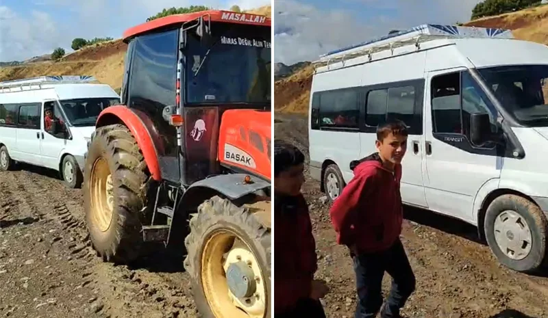 Bingöl`de öğrenci servisi çamura saplandı! Traktörle kurtardılar!